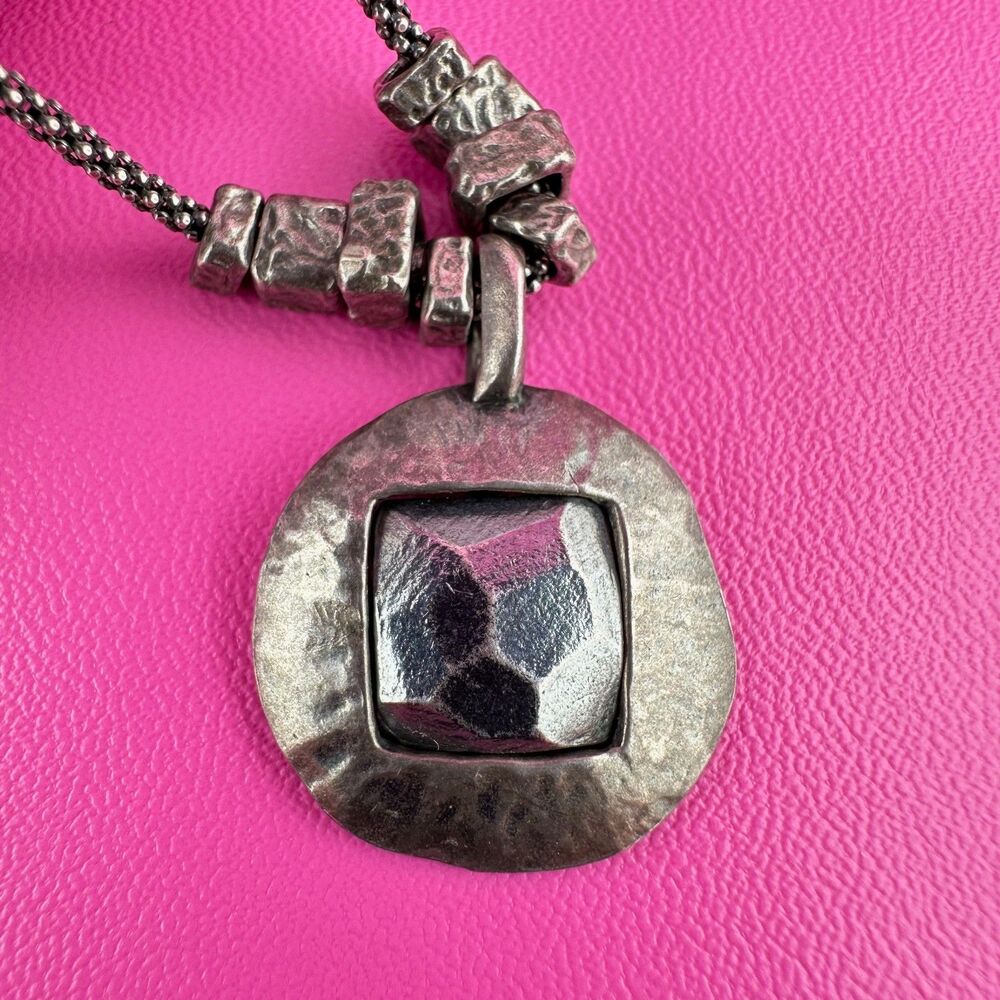 Vintage 925 Israel Megiddo Brutalist Pendant Necklace Hammered Round Sterling
